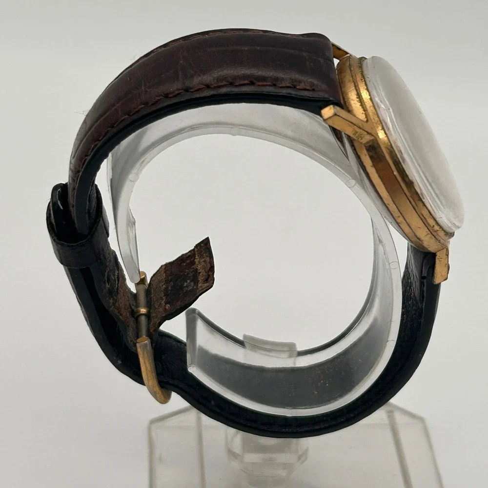 Vtg‎ Timex Electric Mens Watch Gold Tone Champagne Dial Brown Leather FOR REPAIR